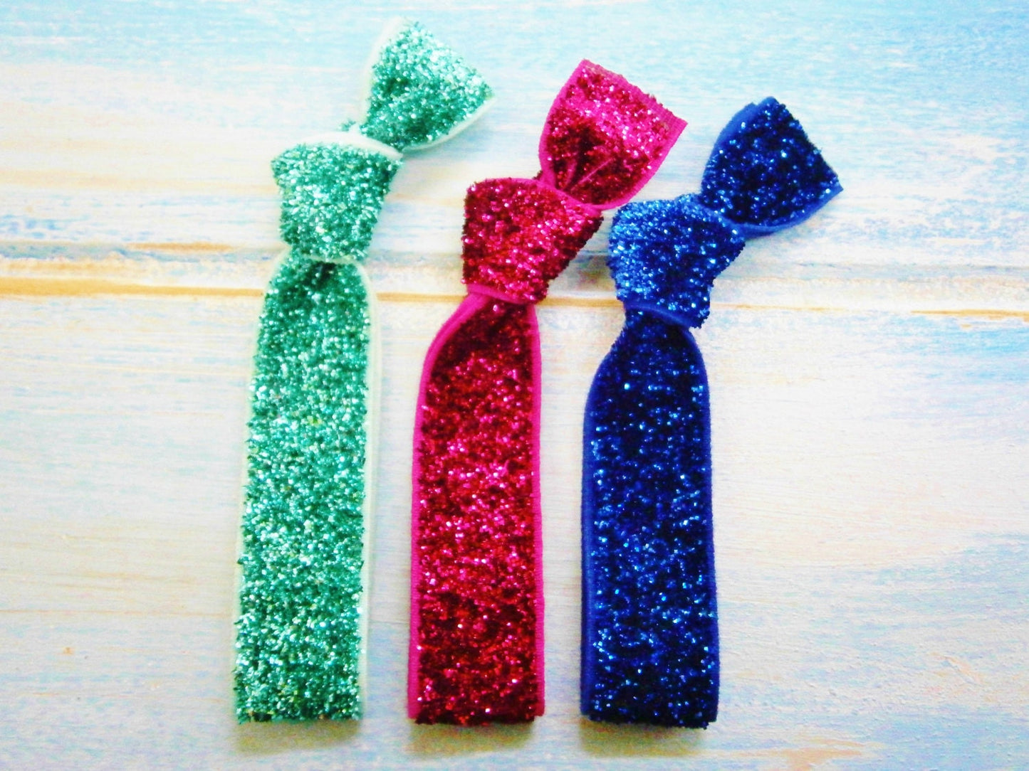 Set of 3 Glitter Hair Tie Package by Crimson Rose Cottage - Turquoise, Dark Pink and Royal Blue Glitter Hair Ties that Double as Bracelets