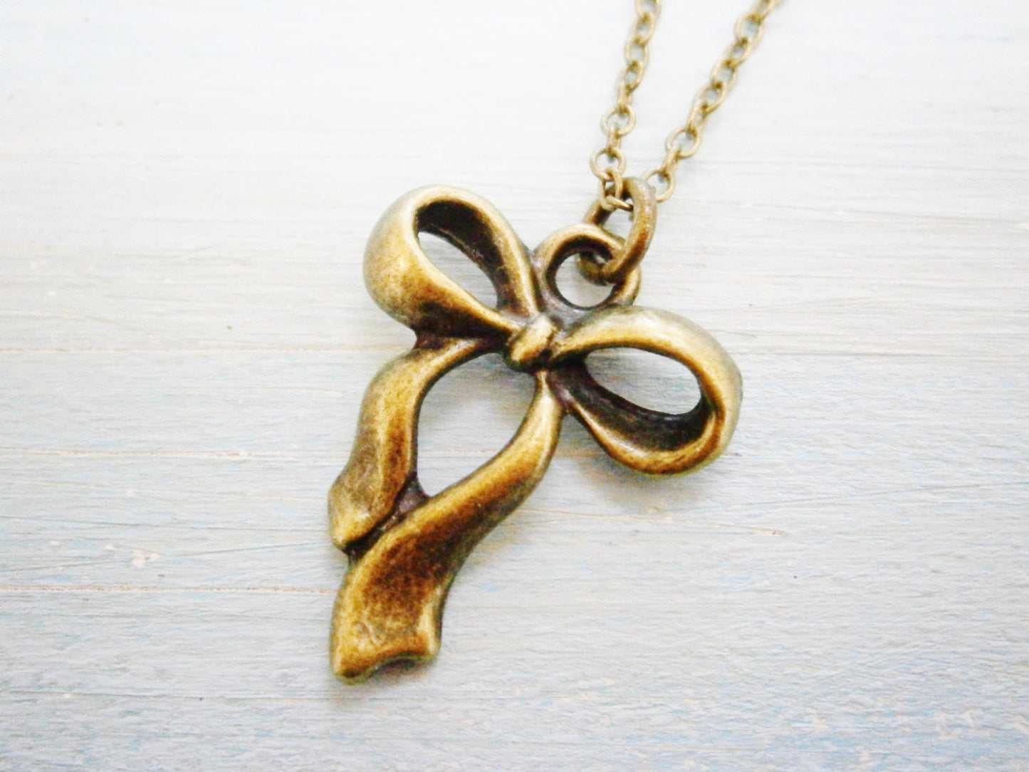 Antique Bronze Ribbon Bow Charm Necklace/Boho Necklace/Bridesmaids Gifts/Charm Necklace