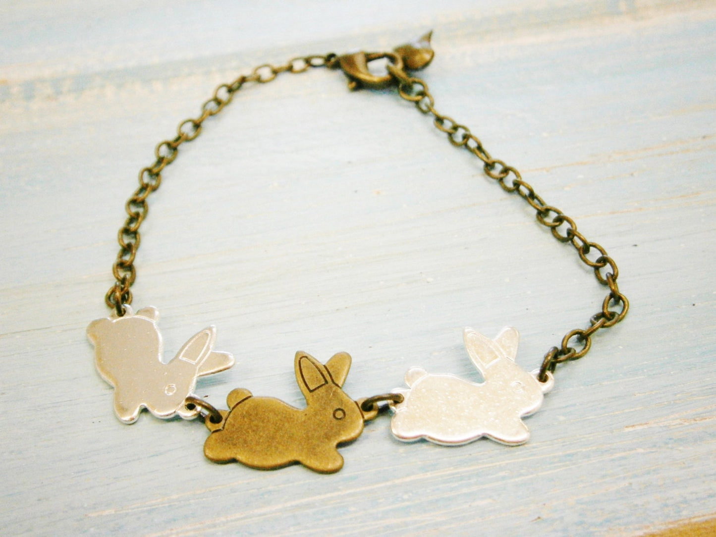 Antique Silver & Bronze Plated Three Rabbit Charm Bracelet/Boho Bracelet/Nature Inspired Bracelet/Woodland Jewelry/Flower Girl Bracelet