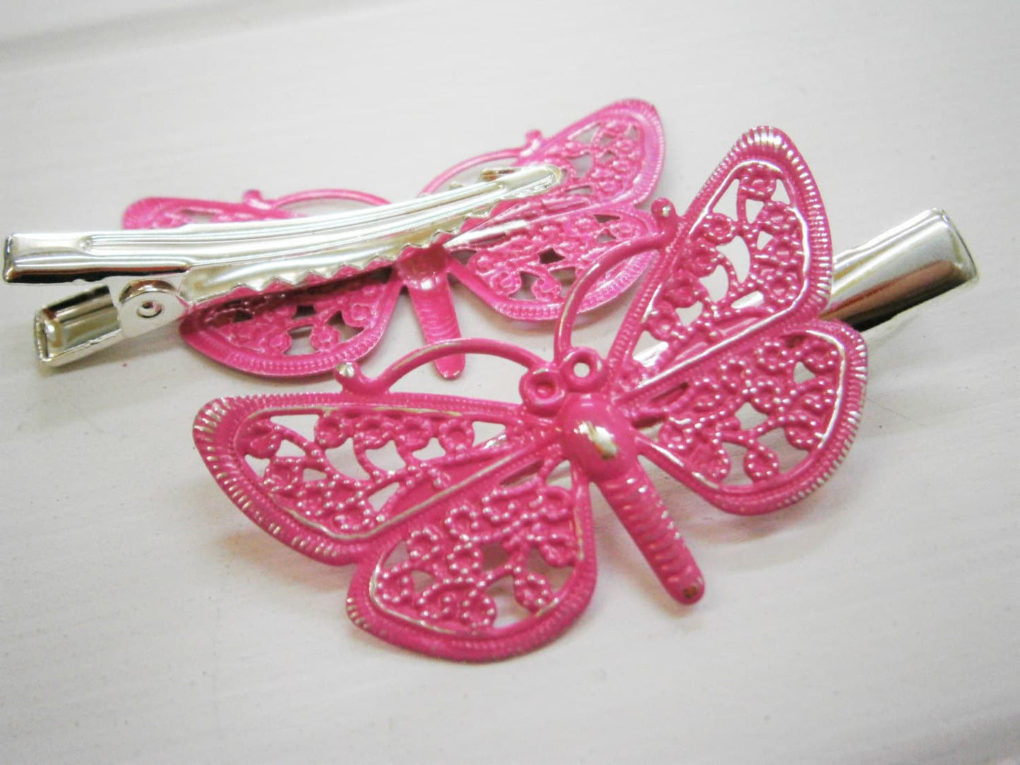 Hot Pink Hand Painted Patina Silver Plated Butterfly Filigree Shabby Chic Alligator Hair Clip/Boho Hair Clip/Rustic Butterfly Clip.