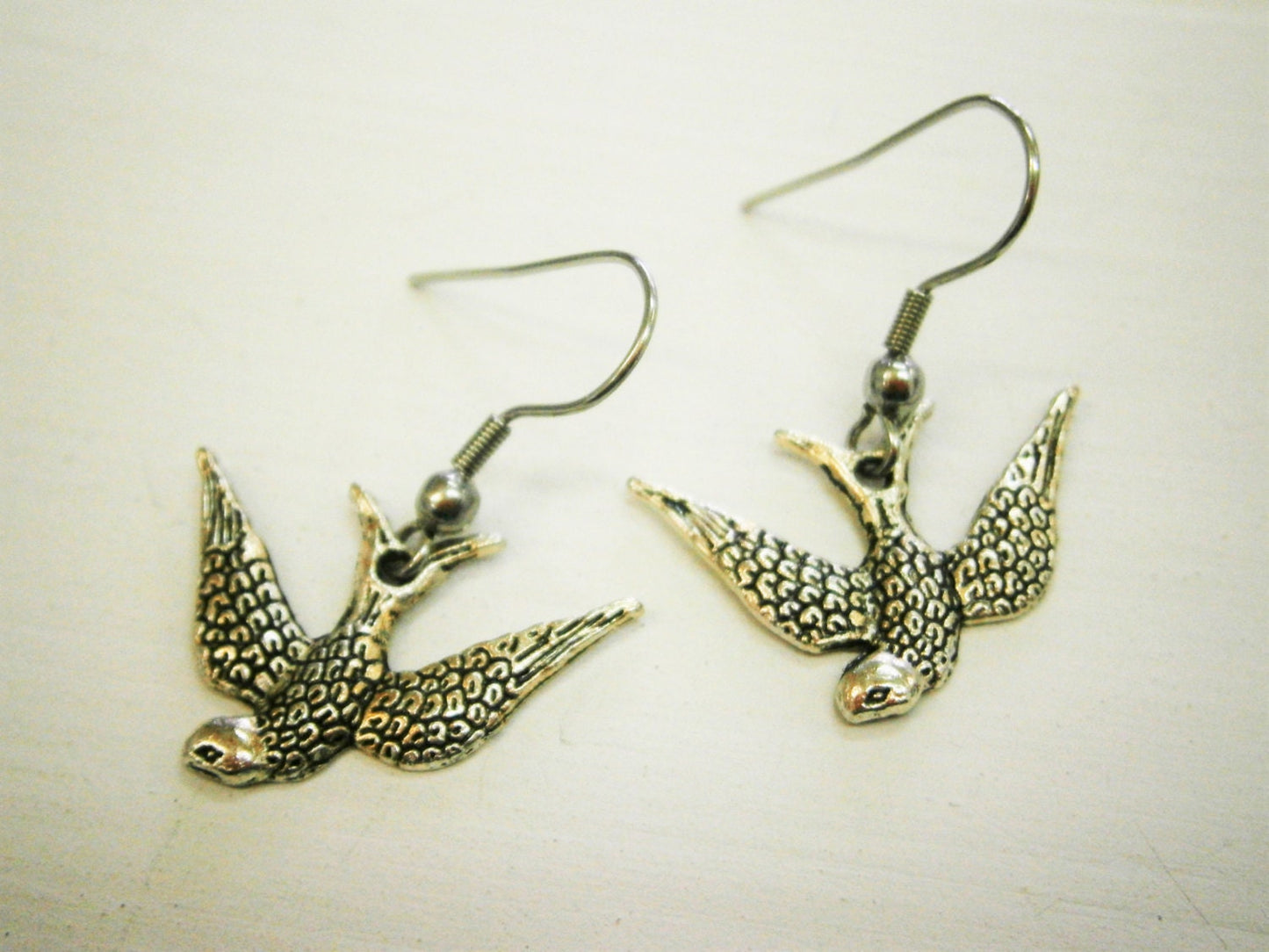 Antique Silver Swallow Bird Charm On Stainless Steel Earwires/Dangle Earrings/Boho Jewelry/Nature Inspired/woodland Jewelry/Hypo-allergenic