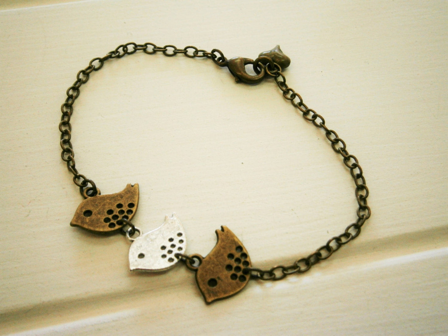 Antique Bronze & Silver Plated Three Sparrow Bird Charm Bracelet/Boho Bracelet/Nature Inspired Bracelet/Woodland Jewelry/Wedding Jewelry