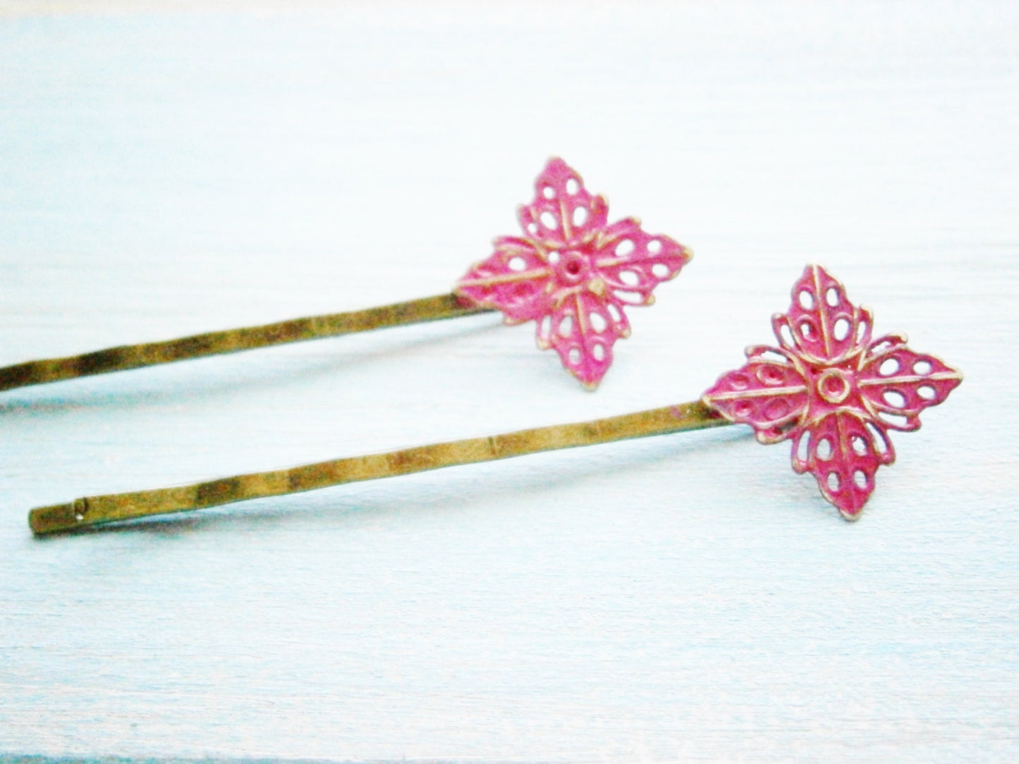Hot Pink Filigree Patina Antique Bronze Bobby Pins Set of Two/Hair Clips/Bohemian Hair Clips/Shabby Chic Hair Clips/Bobby Pins/Vintage Style