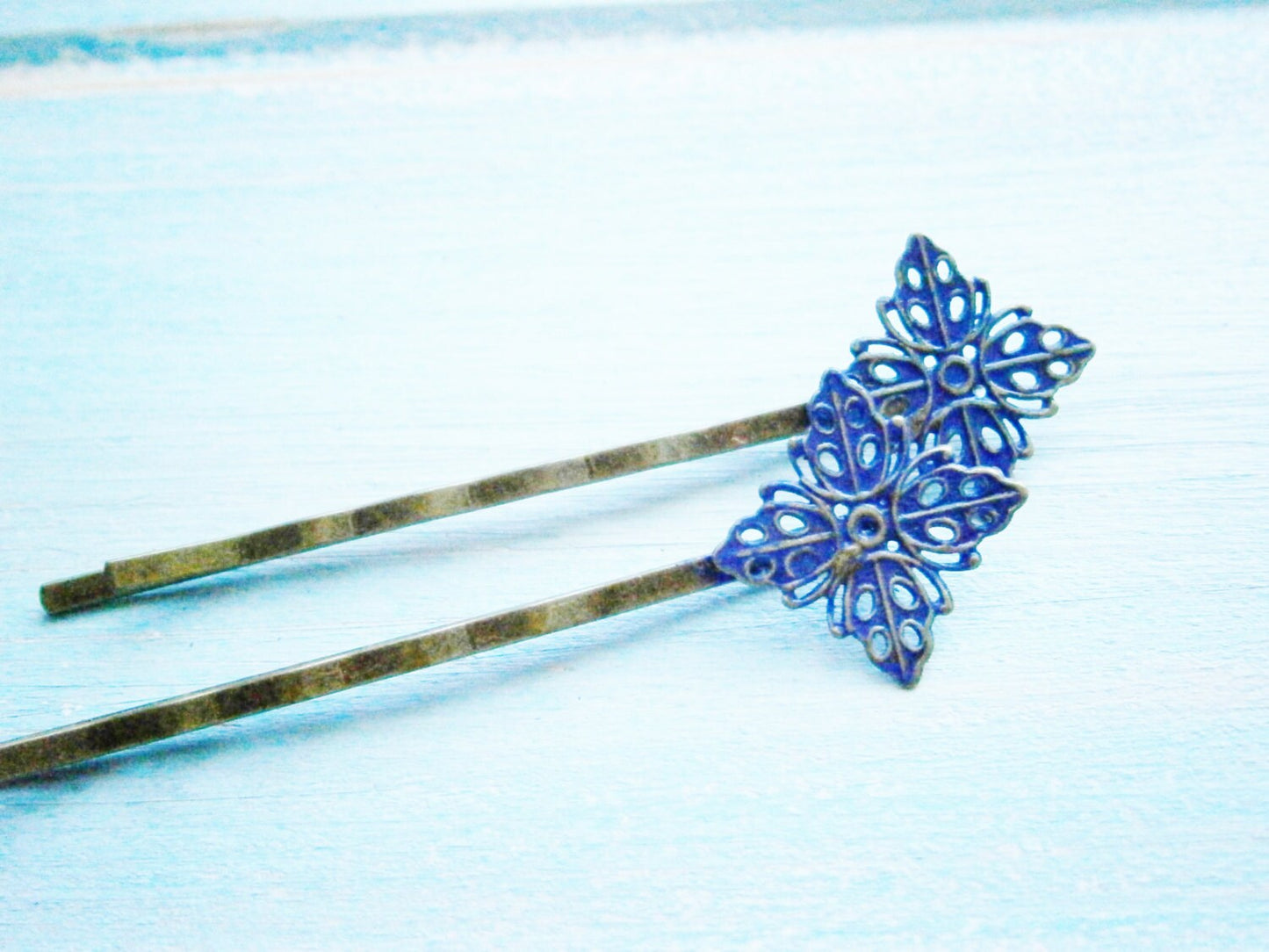 Cobalt Blue Filigree Patina Antique Bronze Bobby Pins Set of Two/Bohemian Hair Clips/Shabby Chic Hair Clips/Bobby Pins/Vintage Style