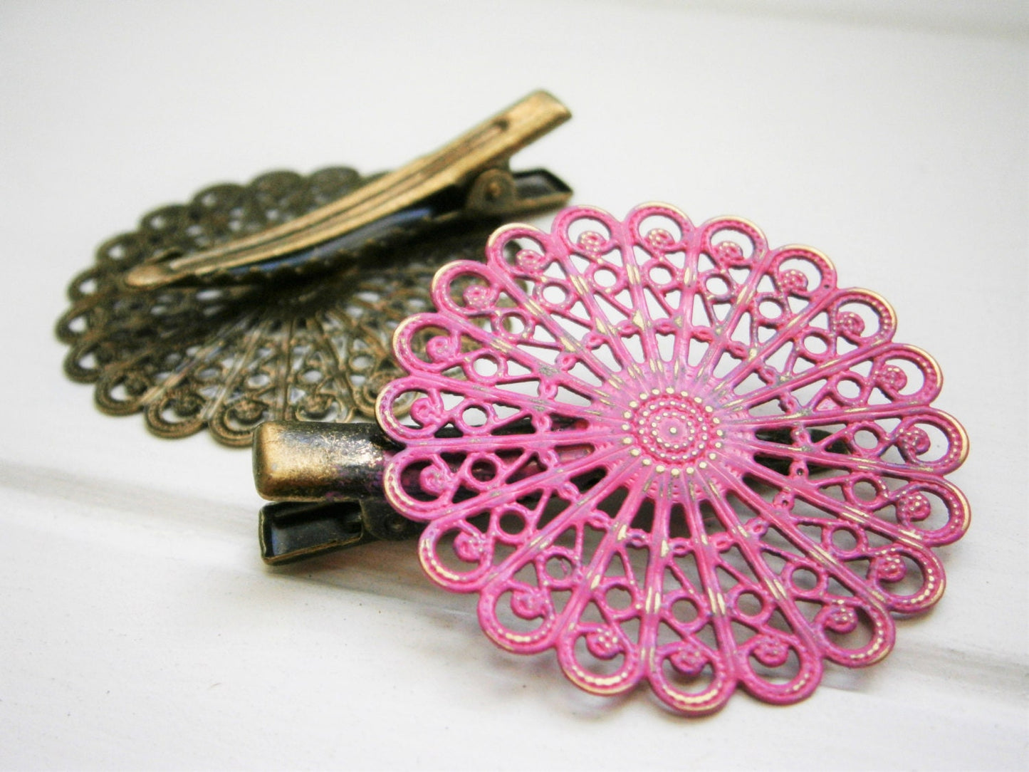 Hot Pink Hand Painted Patina Antique Bronze Round Filigree Shabby Chic Alligator Hair Clip/Boho Hair Clip/Rustic Hair Clip.