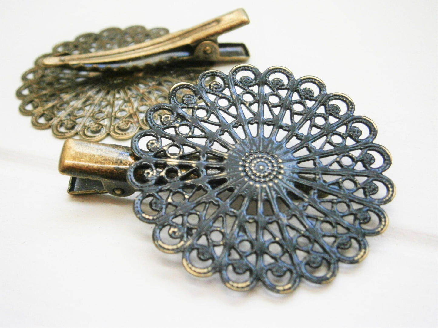 Black Hand Painted Patina Antique Bronze Round Filigree Shabby Chic Alligator Hair Clip/Boho Hair Clip/Rustic Hair Clip.
