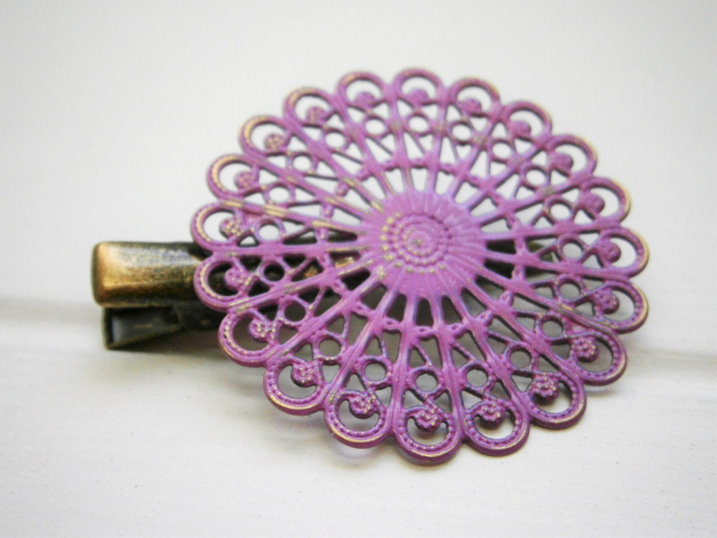 Purple Hand Painted Patina Antique Bronze Round Filigree Shabby Chic Alligator Hair Clip/Boho Hair Clip/Rustic Hair Clip.