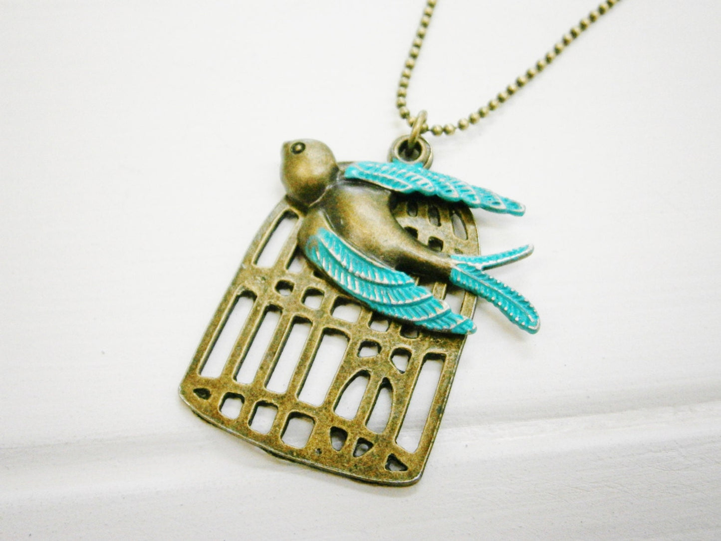 Antique Bronze Large Birdcage with Antique Bronze Sparrow with Verdigris Patina Wings Necklace on Antique Bronze Ball Chain/Boho Necklace.