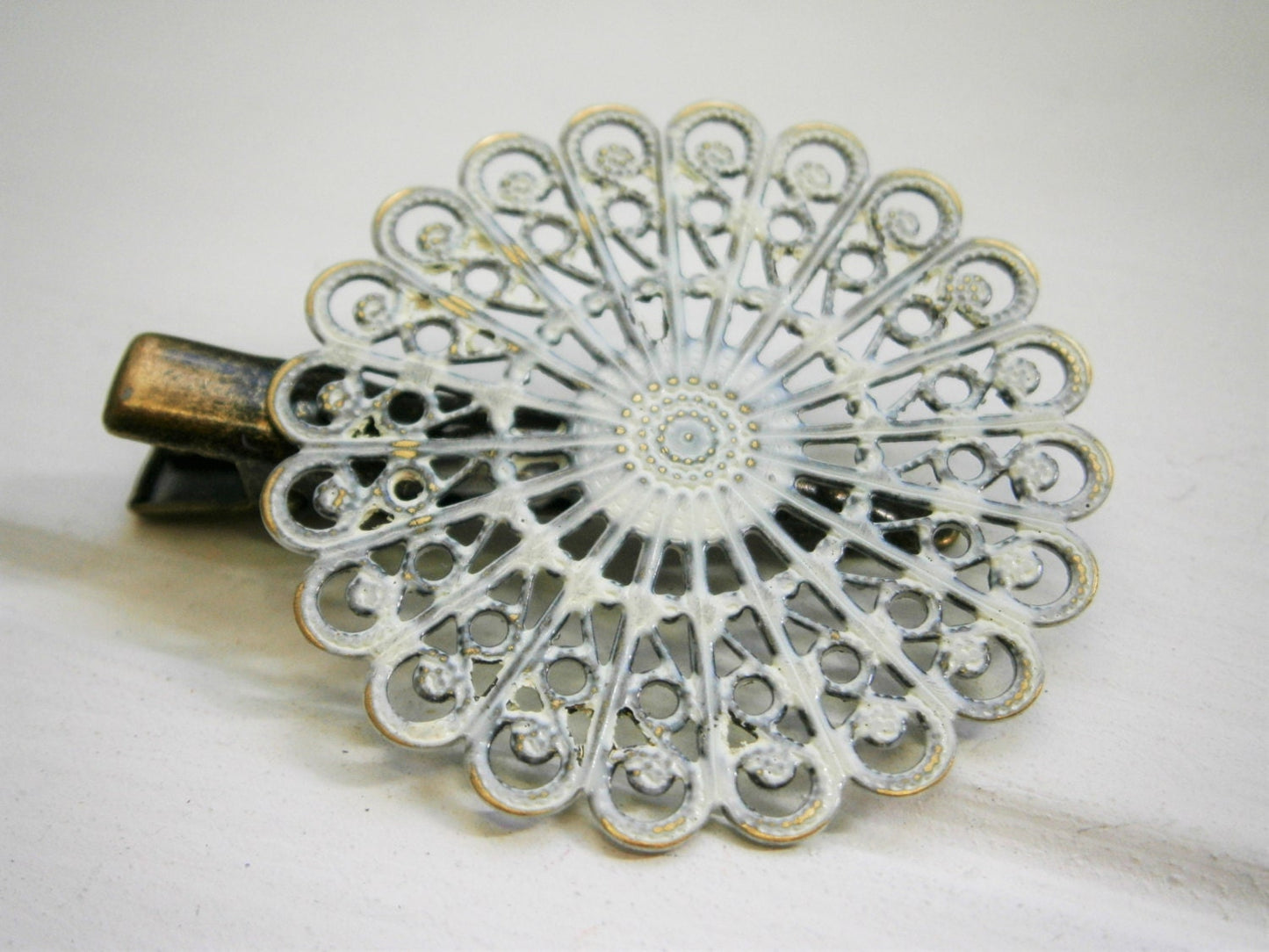 Vintage White Hand Painted Patina Antique Bronze Round Filigree Shabby Chic Alligator Hair Clip/Boho Hair Clip/Rustic Hair Clip.