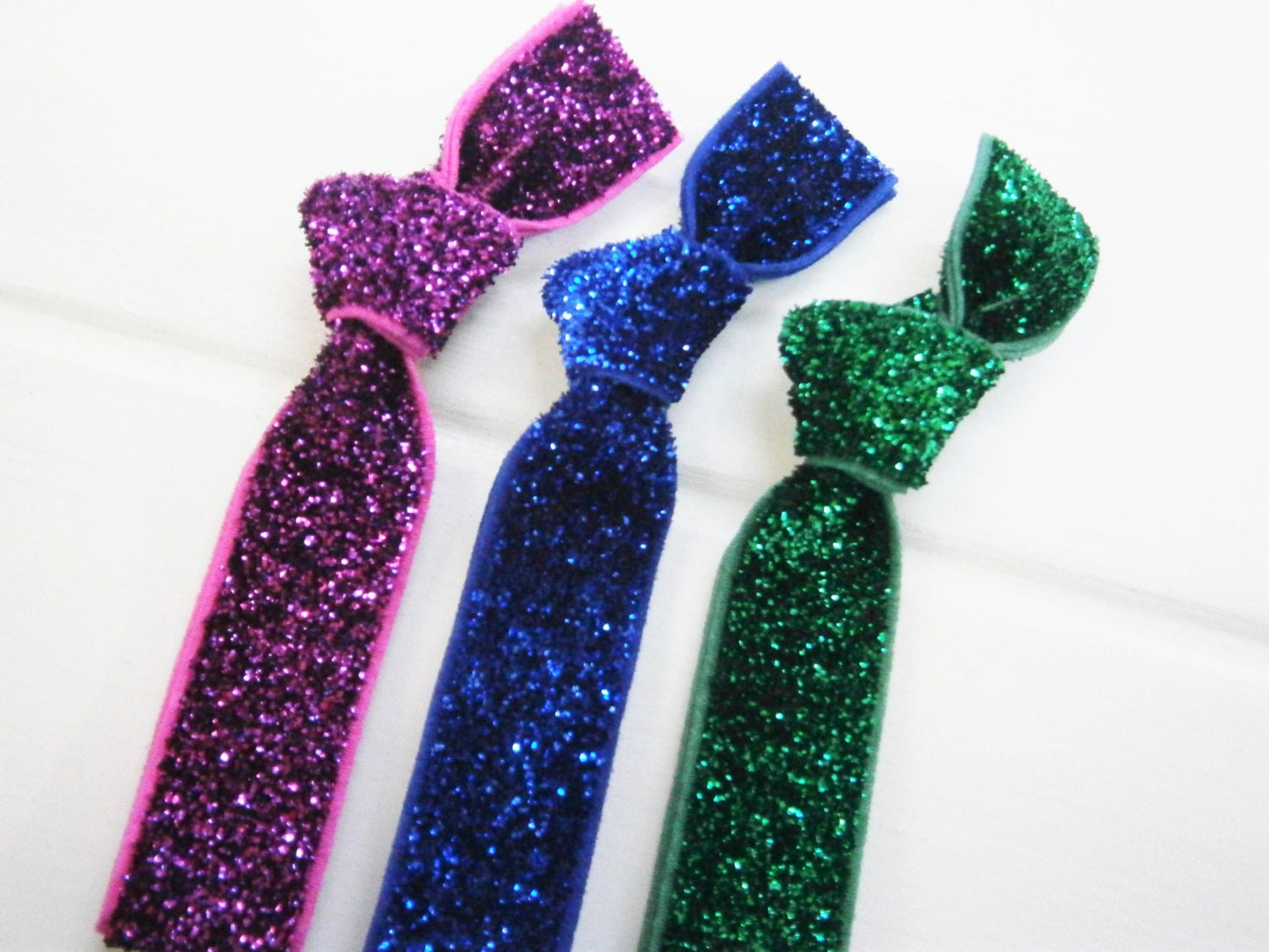 Set of 3 Glitter Hair Tie Package by Crimson Rose Cottage - Purple, Blue and Emerald Glitter Hair Ties that Double as Bracelets