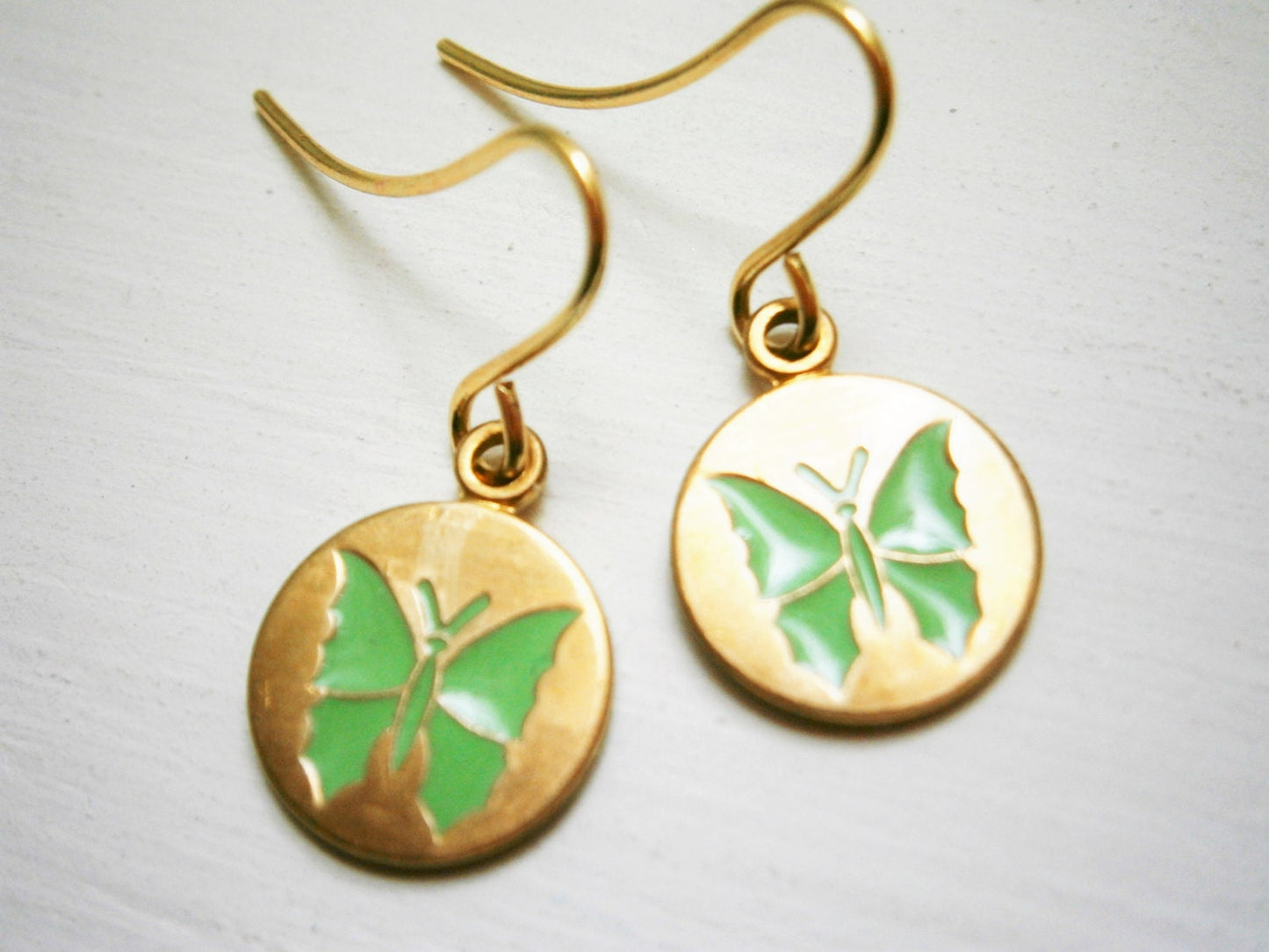 Green Butterfly Vintage Style Brass Disc Charm Pendant On Gilt Plated French Earring Hooks/Dangle Earring/Butterfly Earrings/Nature Earrings