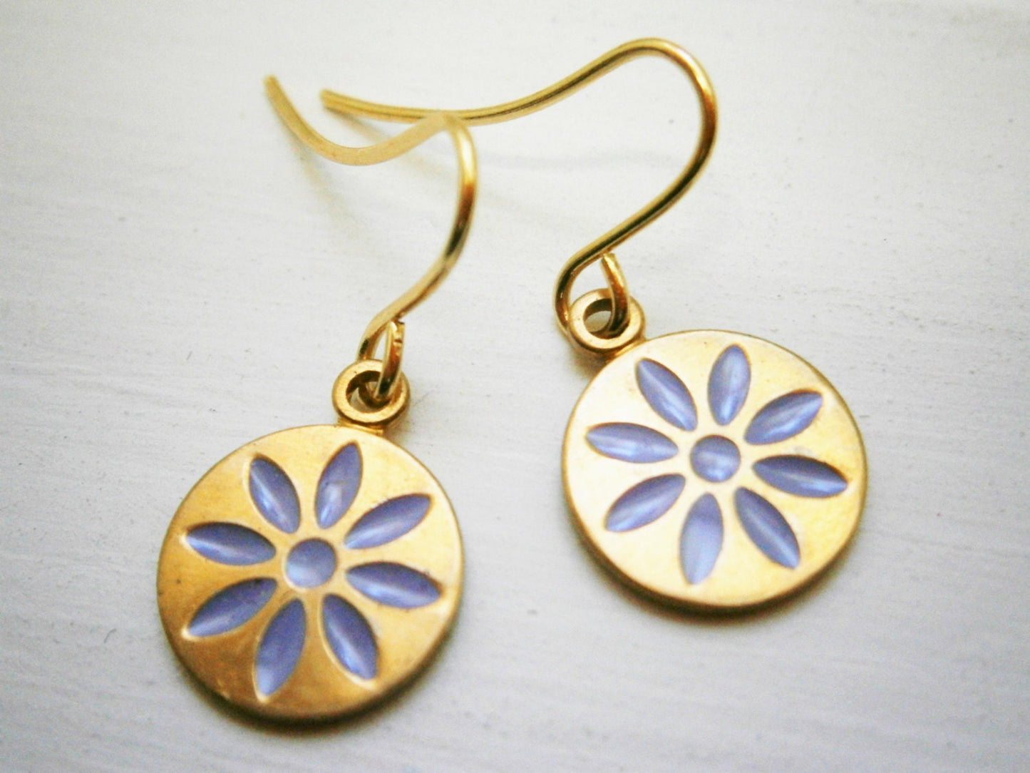 Purple Daisy Vintage Style Brass Disc Charm Pendant On Gilt Plated French Earring Hooks/Dangle Earrings/Daisy Earrings/Bridal/Boho Style