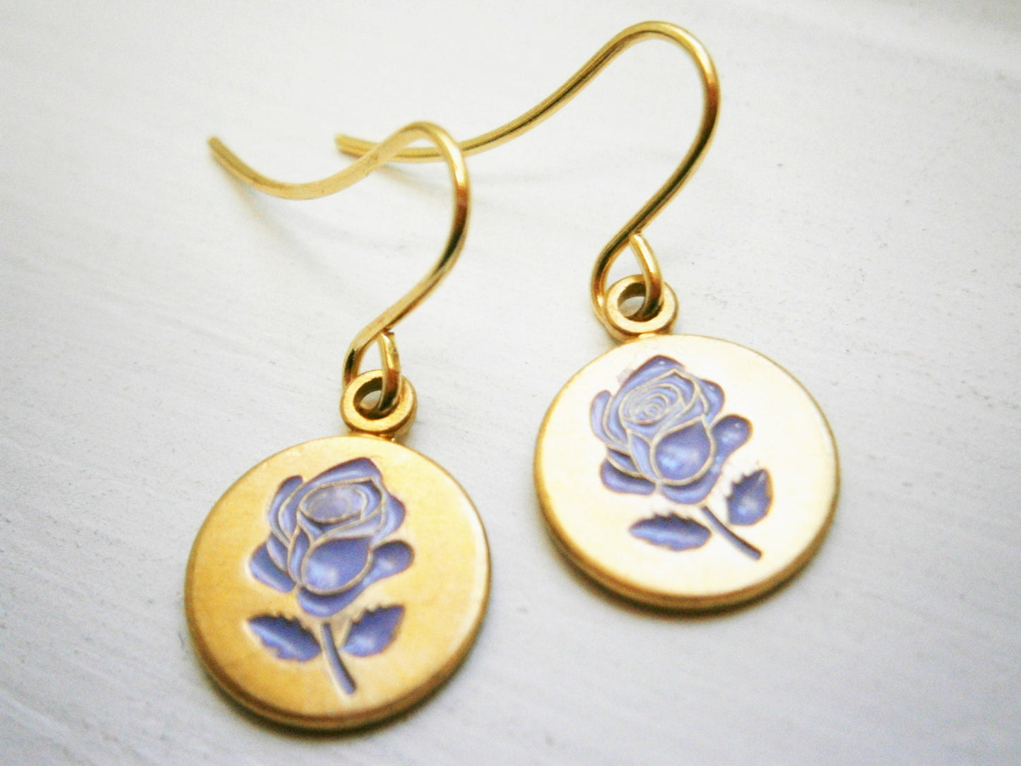 Purple Rose Vintage Style Brass Disc Charm Pendant On Gilt Plated French Earring Hooks/Dangle Earrings/Rose Earrings/Bridal Jewelry