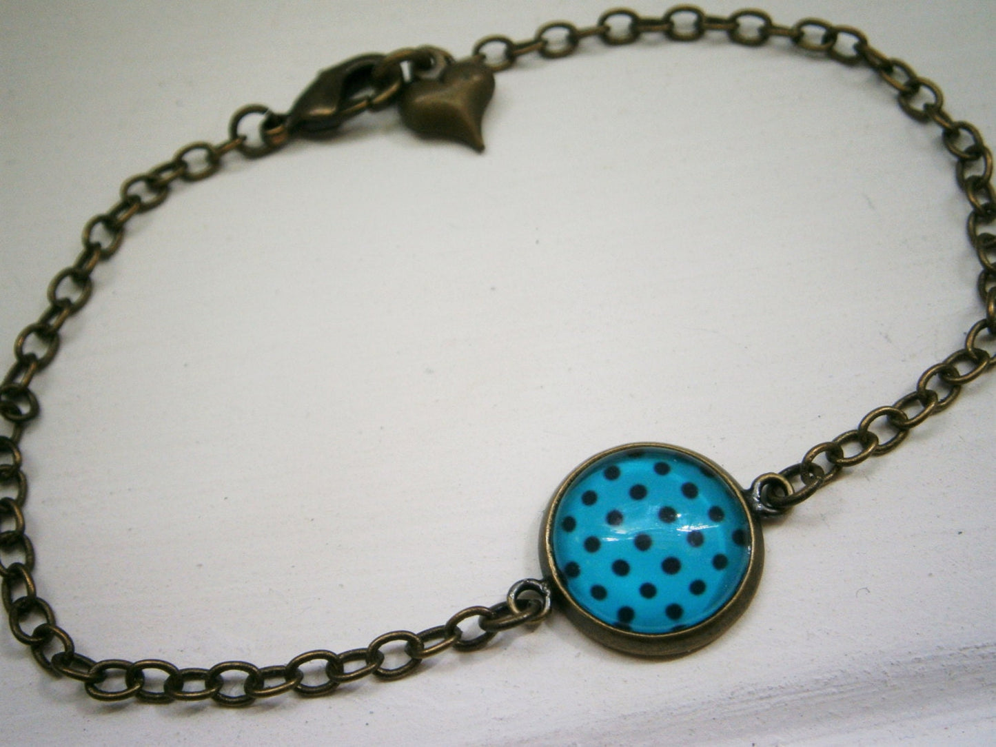 Blue & Black Polka Dot Antique Bronze Glass Dome Charm Bracelet/Boho Bracelet/Polka Dot Bracelet/Fashion Jewelry/Glass Dome Jewellery