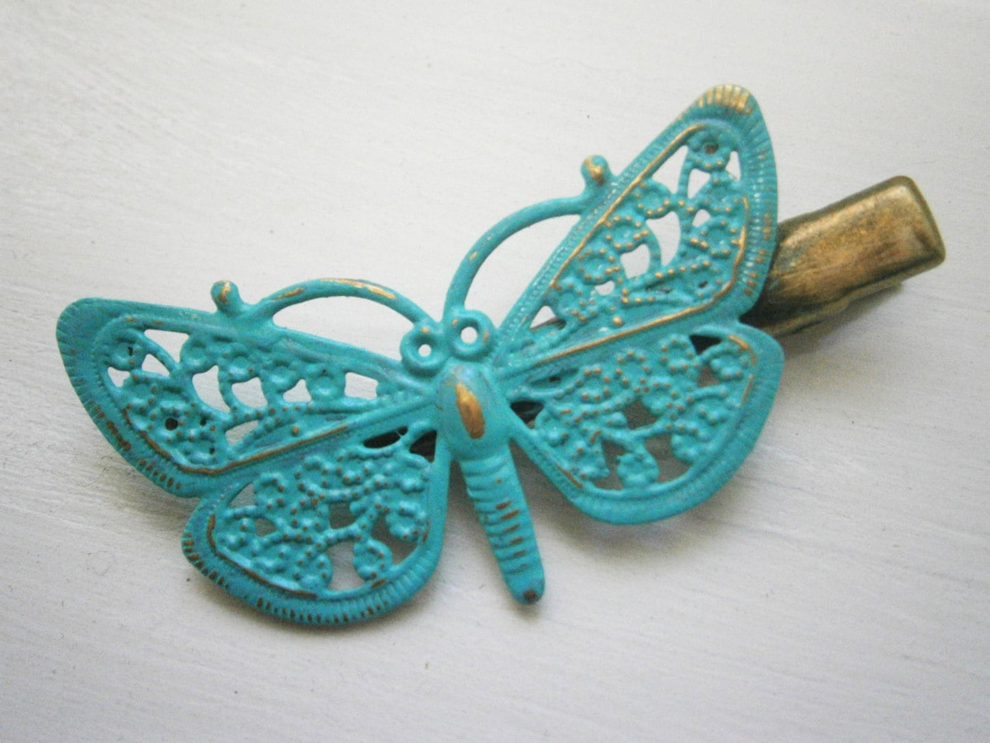 Verdigris/Turqouise Hand Painted Patina Antique Bronze Butterfly Filigree Shabby Chic Alligator Hair Clip/Boho Hair Clip/Rustic Hair Clip.