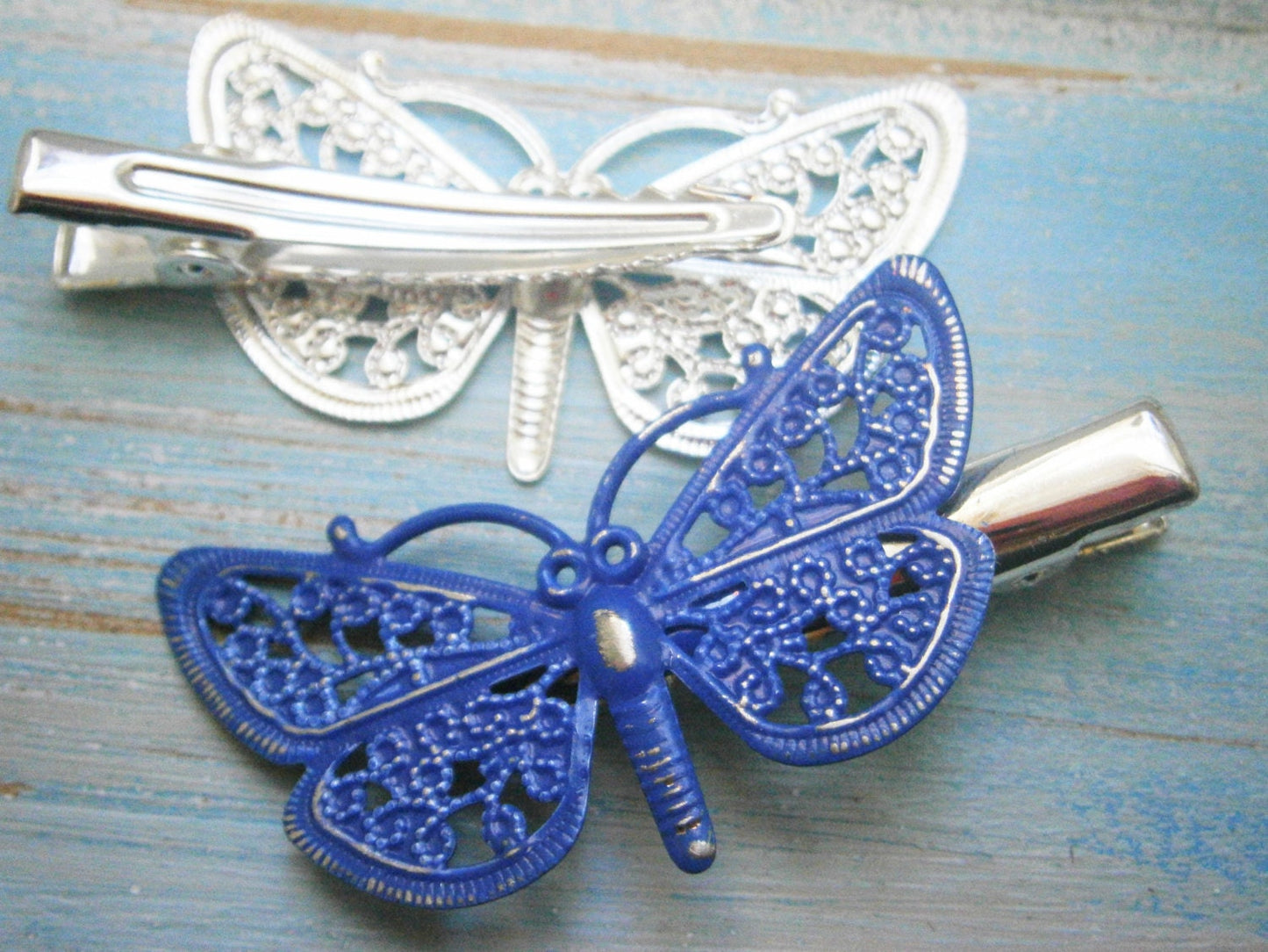 Cobalt Blue Hand Painted Patina Silver Plated Butterfly Filigree Shabby Chic Alligator Hair Clip/Boho Hair Clip/Rustic Butterfly Hair Clip.