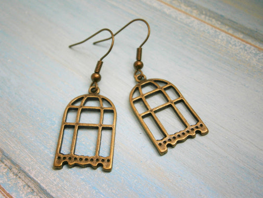 Antique Bronze Bird Cage Charm Dangle Earrings/Boho Earrings/Nature Earrings/Dangle Earrings/Bird Cage Earrings/Rustic Wedding/Steampunk