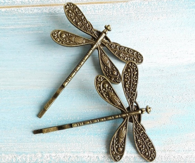 Antique Bronze Plated Set of 2 Dragonfly Bobby Pins, Dragonfly Hair Clips, Boho Hair Clips, Boho Hair Accessories, Wedding Hair Accessories