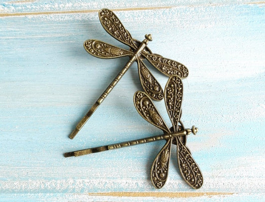 Antique Bronze Plated Set of 2 Dragonfly Bobby Pins, Dragonfly Hair Clips, Boho Hair Clips, Boho Hair Accessories, Wedding Hair Accessories