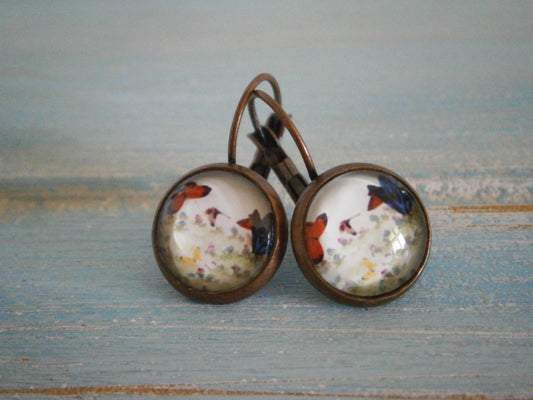 Butterfly Earrings/Nature Earrings/Dangle Earrings/Whimsical Jewelry/Glass Dome Earrings/Lever Back Earrings.