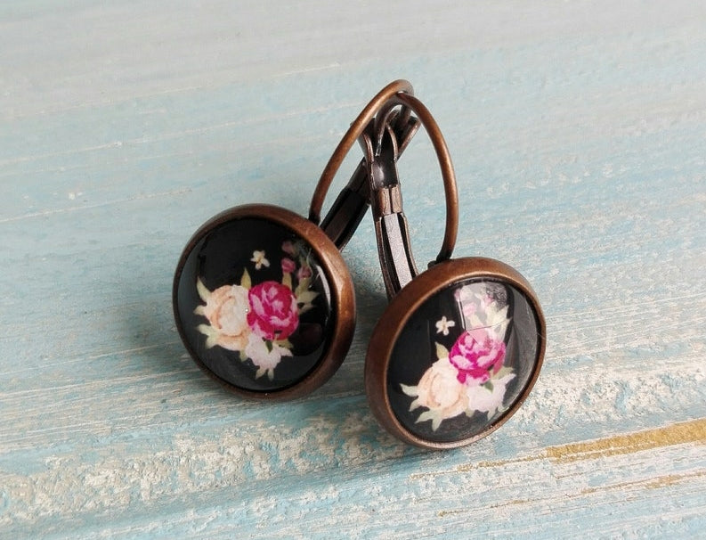 Floral Rose Earrings/Black Floral Earrings/Dangle Earrings/Floral Earrings/Glass Dome Earrings/ Flower Earrings/Bridesmaids Gifts