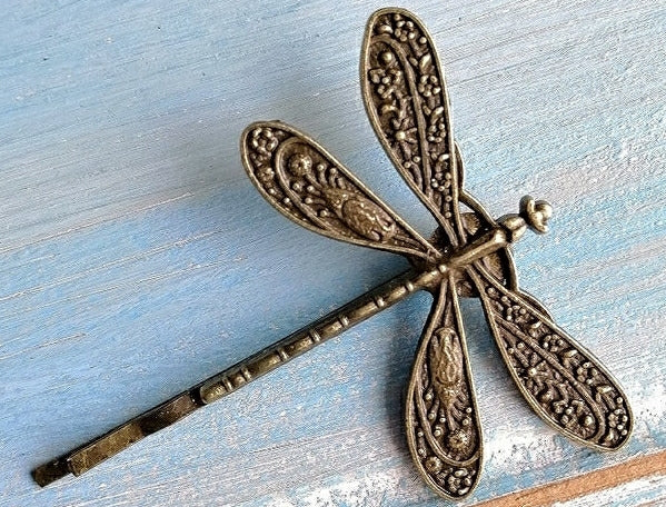 One Antique Bronze Plated Dragonfly Bobby Pin, Dragonfly Hair Clip, Boho Hair Clip, Boho Hair Accessory, Wedding Hair Accessory