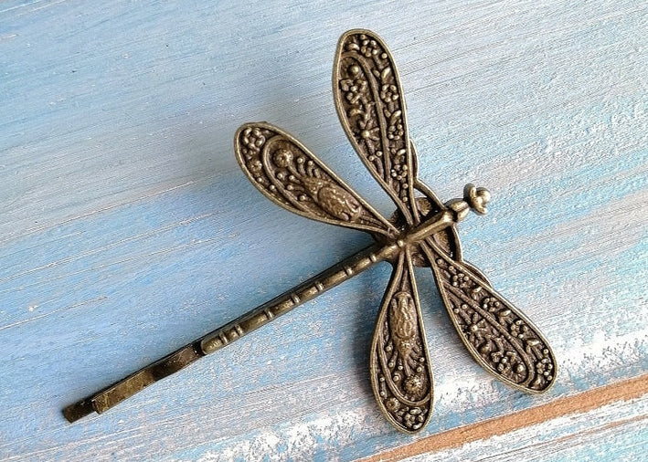 One Antique Bronze Plated Dragonfly Bobby Pin, Dragonfly Hair Clip, Boho Hair Clip, Boho Hair Accessory, Wedding Hair Accessory