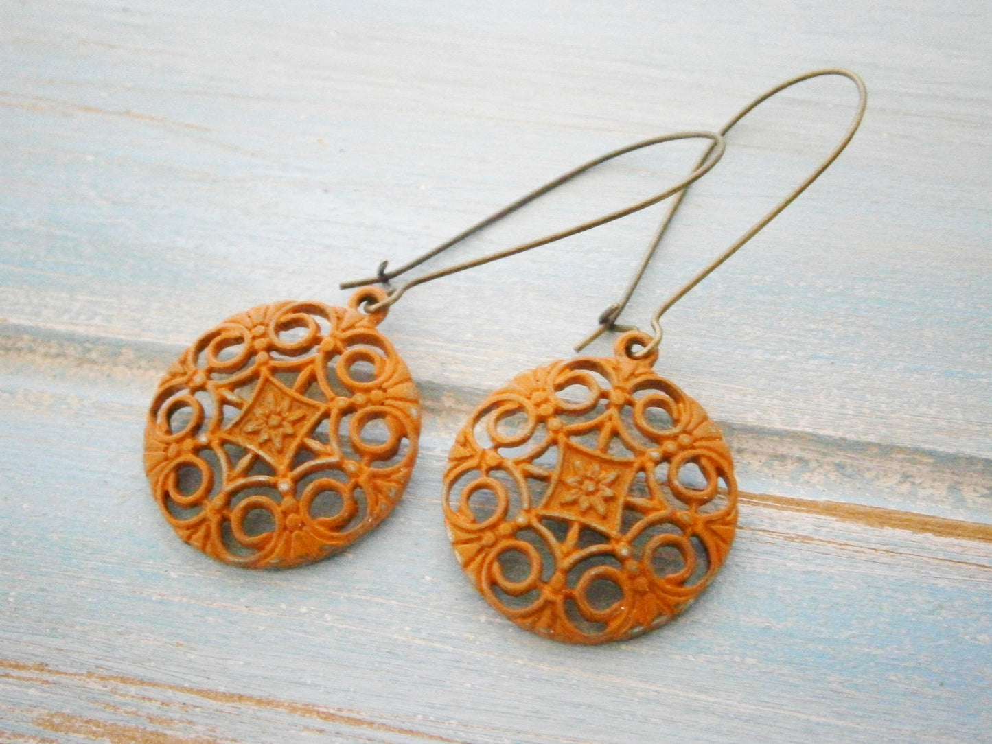 Burnt Orange Patina Filigree Flower Charm on Antique Bronze Kidney Wire Earring Hooks/Dangle Earrings/Boho Earrings/Filigree Earrings