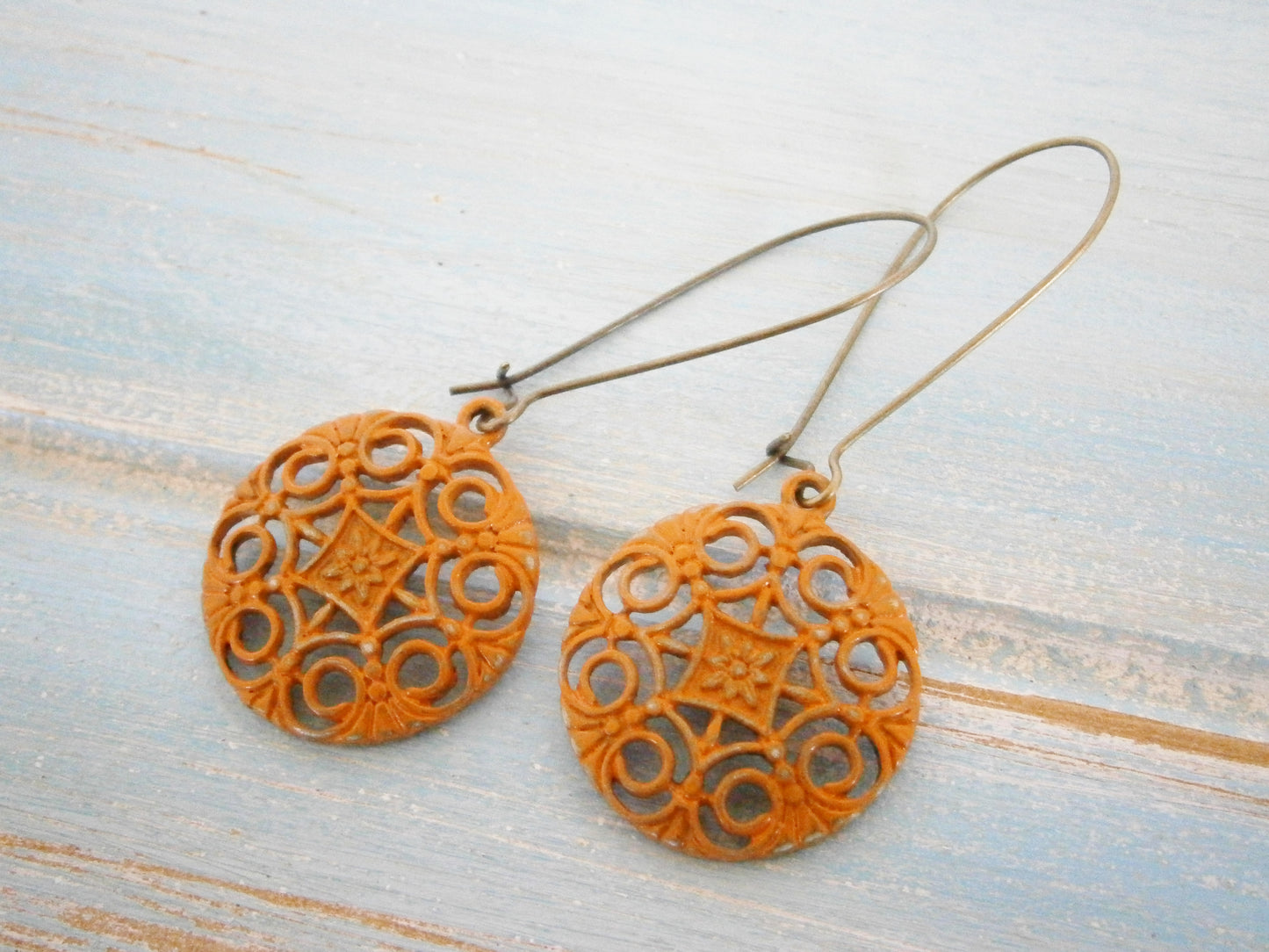 Burnt Orange Patina Filigree Flower Charm on Antique Bronze Kidney Wire Earring Hooks/Dangle Earrings/Boho Earrings/Filigree Earrings