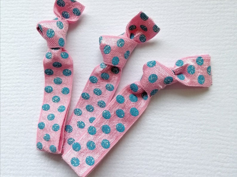 Pixie Dust - Set of 3 Pink Elastic Hair Ties with Blue Glitter Polka Dots by Crimson Rose Cottage/Sparkle Hair Tie/Polka Dot Hair Tie