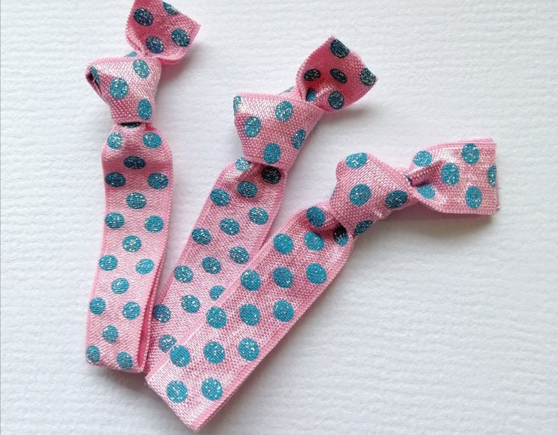 Pixie Dust - Set of 3 Pink Elastic Hair Ties with Blue Glitter Polka Dots by Crimson Rose Cottage/Sparkle Hair Tie/Polka Dot Hair Tie