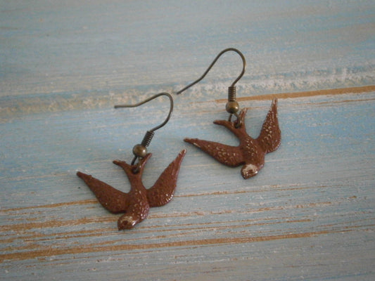 Russet Painted Patina Swallow Bird Charm On Antique Bronze Earwires/Boho Jewelry/Nature Inspired/Woodland Jewelry/Patina Jewelry