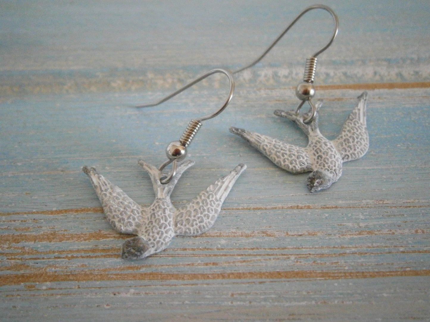 White Painted Patina Swallow Bird Charm On Stainless Steel Earwires/Boho Jewelry/Nature Inspired/Woodland Jewelry/Patina Jewelry