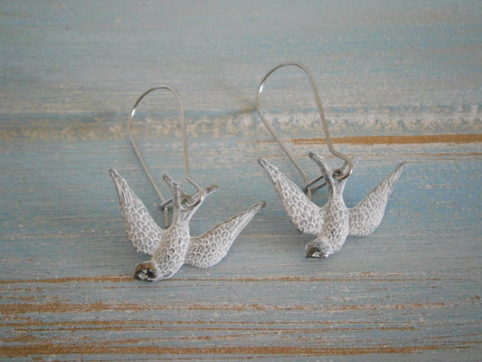 White Painted Patina Swallow Bird Charm On Stainless Steel Kidney Wires/Boho Jewelry/Nature Inspired/Woodland Jewelry/Patina Jewelry