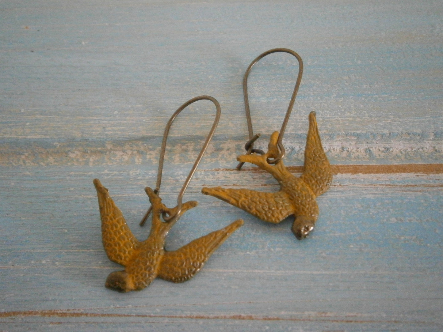 Ochre/Yellow Painted Patina Swallow Bird Charm On Antique Bronze Plated Kidney Wires/Boho Jewelry/Nature Inspired/Woodland Jewelry/Patina Jewelry