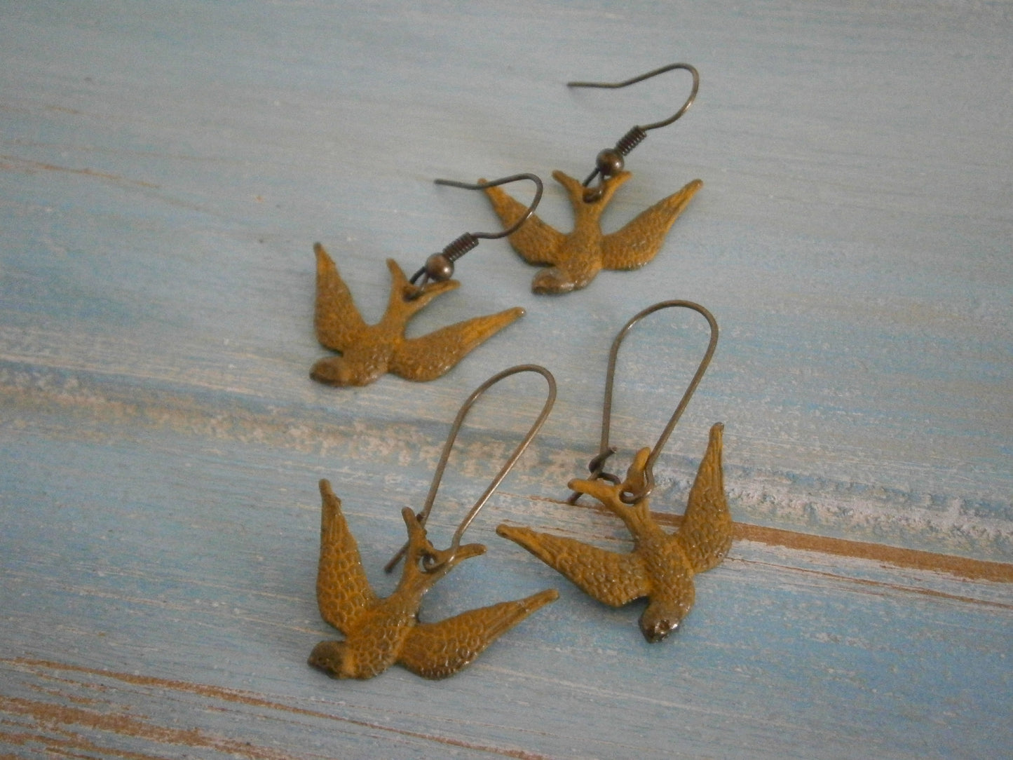 Ochre/Yellow Painted Patina Swallow Bird Charm On Antique Bronze Plated Kidney Wires/Boho Jewelry/Nature Inspired/Woodland Jewelry/Patina Jewelry