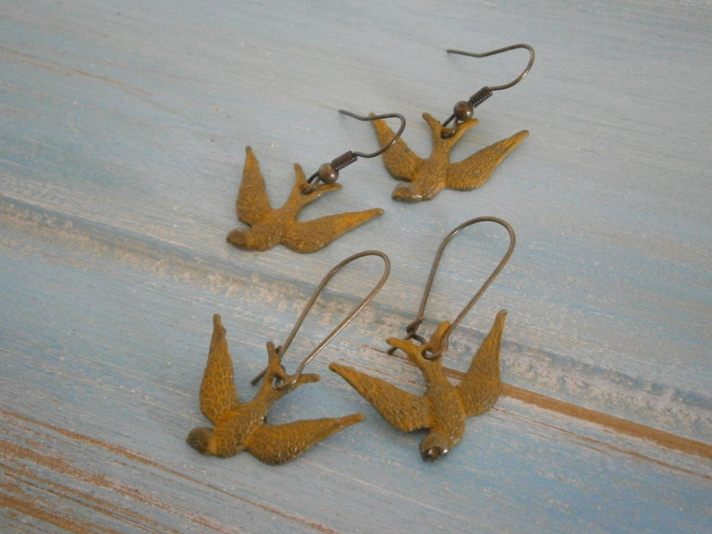 Ochre/Yellow Painted Patina Swallow Bird Charm On Antique Bronze Plated Kidney Wires/Boho Jewelry/Nature Inspired/Woodland Jewelry/Patina Jewelry