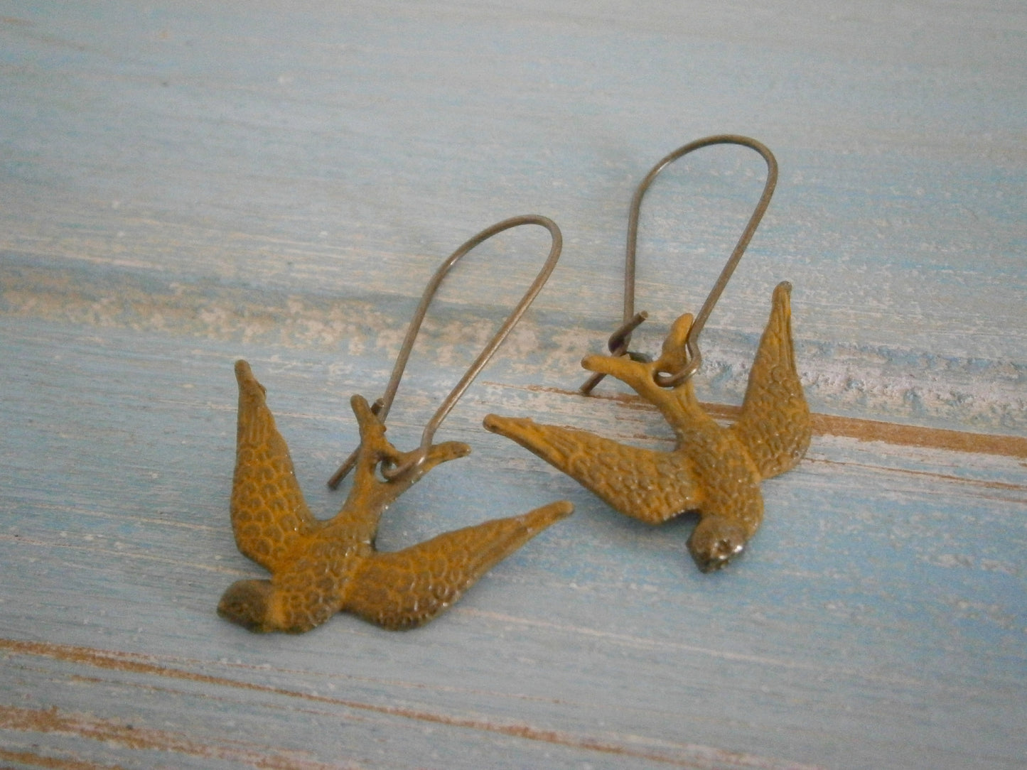 Ochre/Yellow Painted Patina Swallow Bird Charm On Antique Bronze Plated Kidney Wires/Boho Jewelry/Nature Inspired/Woodland Jewelry/Patina Jewelry