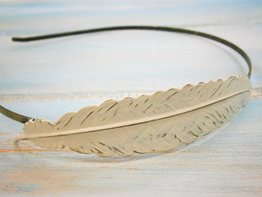 Antique Cream Feather Patina Filigree Headband - Hair Accessory, Bridesmaid Gift, Family Pictures, Rustic Wedding Accessory, Gift