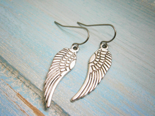 Angel Wing Antique Silver Charm On Stainless Steel French Earring Hooks/Dangle Earrings.