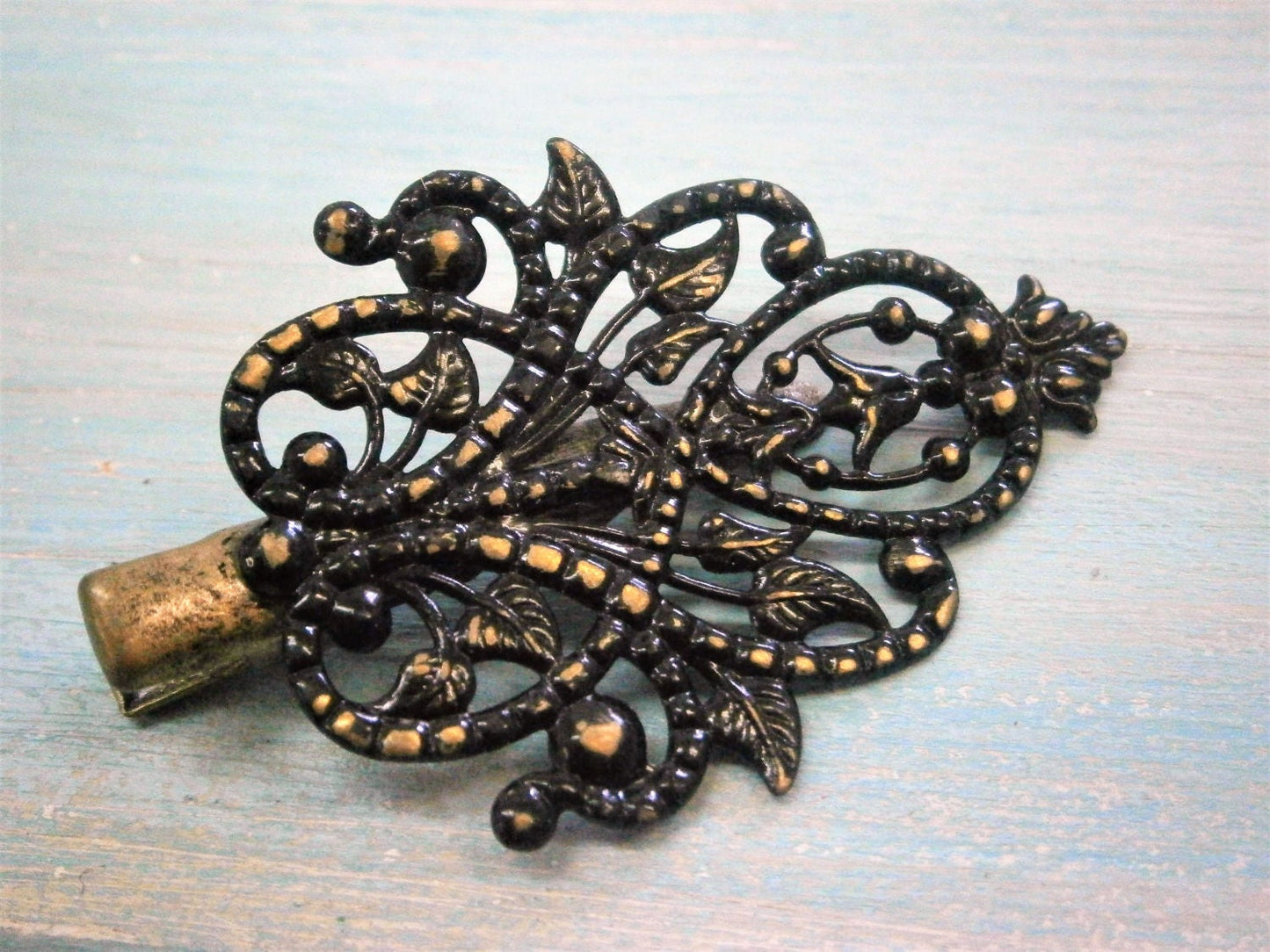Black Hand Painted Patina Antique Bronze Scroll & Leaf Lace Filigree Shabby Chic Alligator Hair Clip/Boho Hair Clip/Rustic Hair Clip.