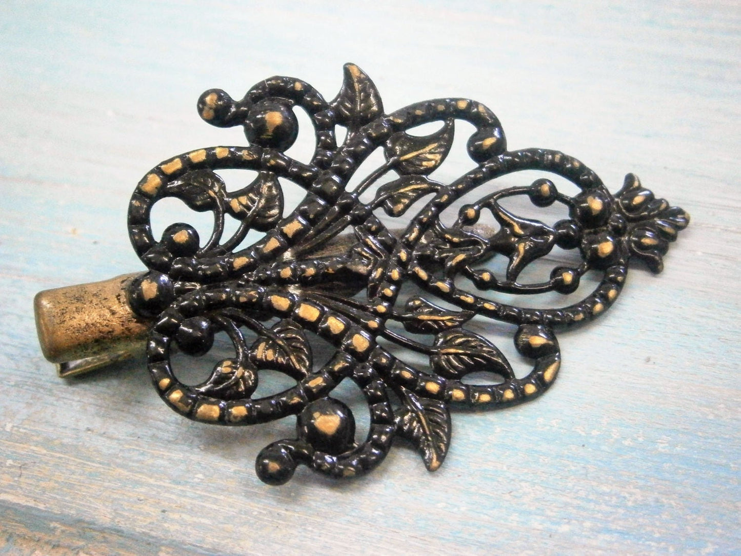 Black Hand Painted Patina Antique Bronze Scroll & Leaf Lace Filigree Shabby Chic Alligator Hair Clip/Boho Hair Clip/Rustic Hair Clip.