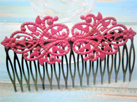 Large Hot Pink Patina Filigree Lace Hair Comb - Vintage Inspired/Shabby Chic/Bohemian/Bridesmaids Gifts/Bridal Hair Accessory