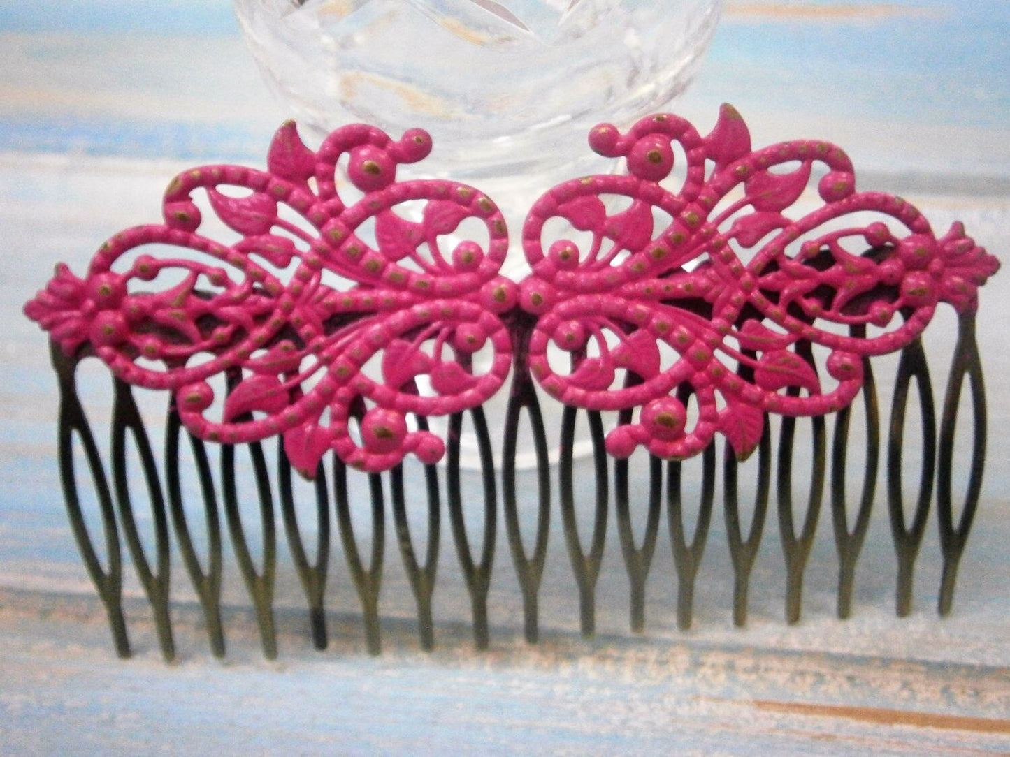Large Hot Pink Patina Filigree Lace Hair Comb - Vintage Inspired/Shabby Chic/Bohemian/Bridesmaids Gifts/Bridal Hair Accessory