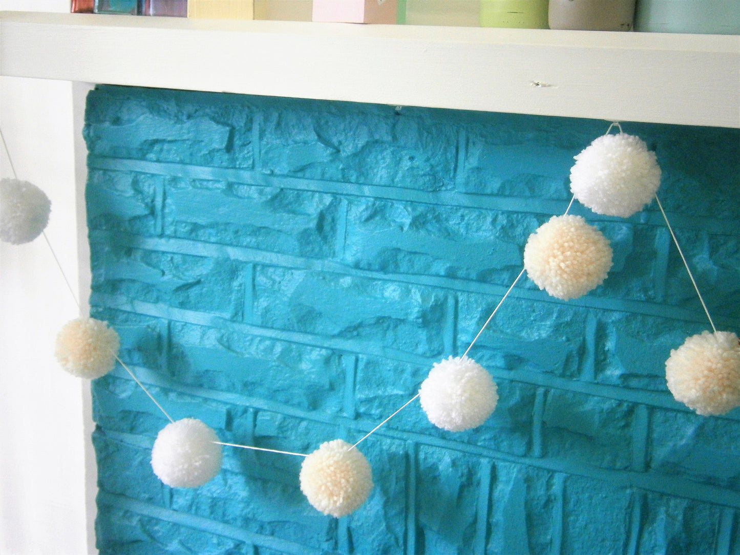 White & Cream Large Yarn Pom Pom Garland/Party Decor/Home Decor/Rustic Decor/Garland/Bohemian Home Decor/Farmhouse Decor