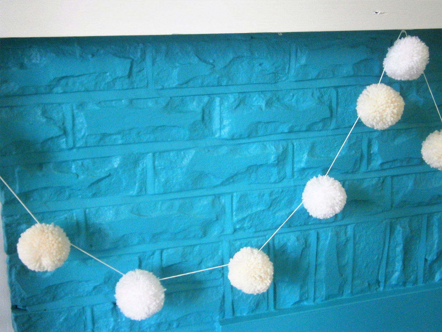 White & Cream Large Yarn Pom Pom Garland/Party Decor/Home Decor/Rustic Decor/Garland/Bohemian Home Decor/Farmhouse Decor