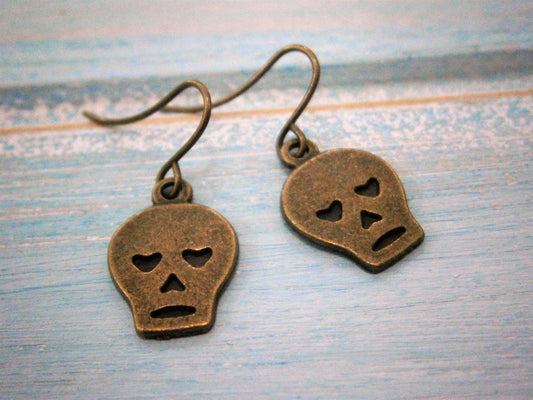 Antique Bronze Small Skull Charm On Antique Bronze French Earring Hooks/Dangle Earrings/Skull Earrings/Steampunk Jewelry/Sugar Skull Earring