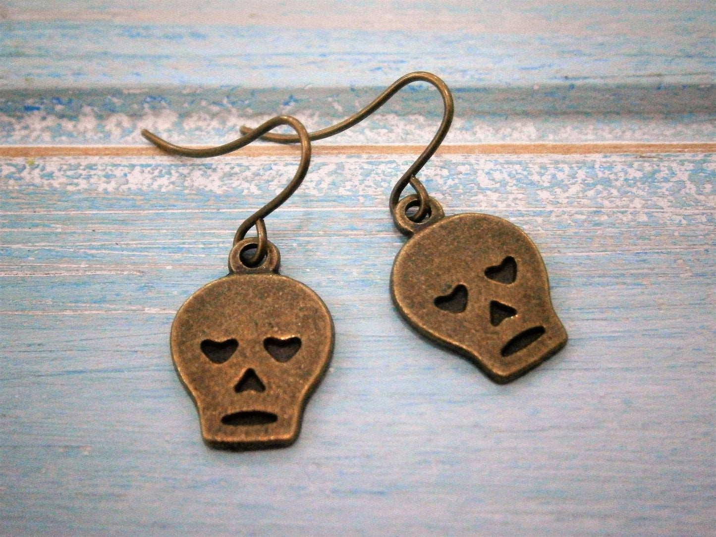 Antique Bronze Small Skull Charm On Antique Bronze French Earring Hooks/Dangle Earrings/Skull Earrings/Steampunk Jewelry/Sugar Skull Earring