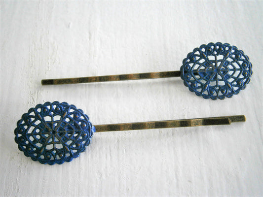 Cobalt Oval Filigree Patina Antique Bronze Bobby Pins Set of Two/Hair Clips/Bohemian Hair Clips/Shabby Chic Hair Clips/Bobby Pins