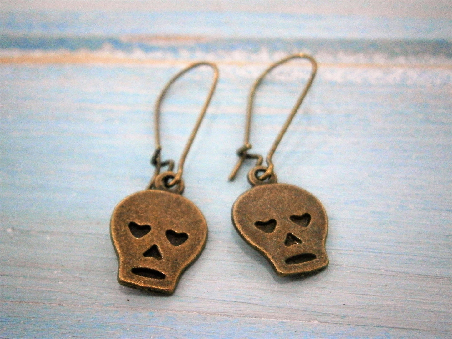 Small Antique Bronze Skull Charm On Antique Bronze Kidney Earwire Hooks/Dangle Earrings/Skull Earrings/Steampunk Jewelry/Sugar Skull Earring